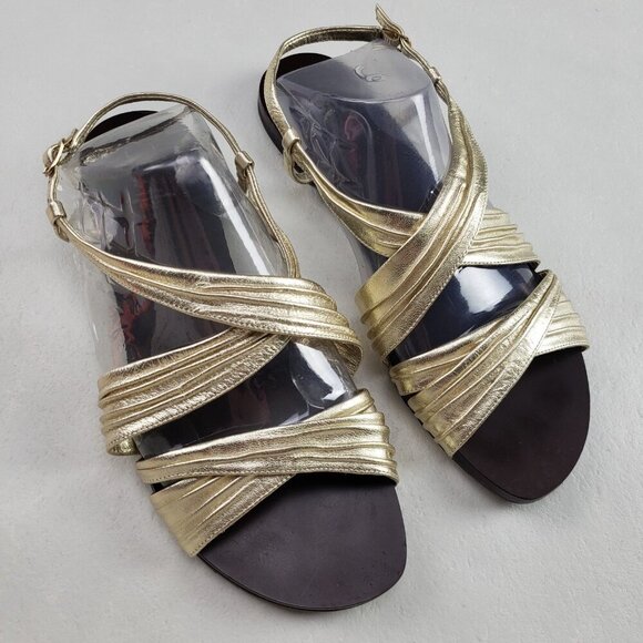 Cole Haan Cara Slingback Sandal Women 8 Metallic Gold Leather Ankle Strappy Flat - Picture 1 of 11